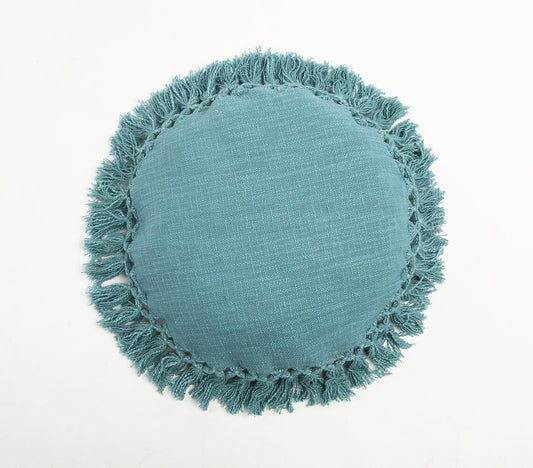 Sea Blue Tasseled Round Cushion Cover