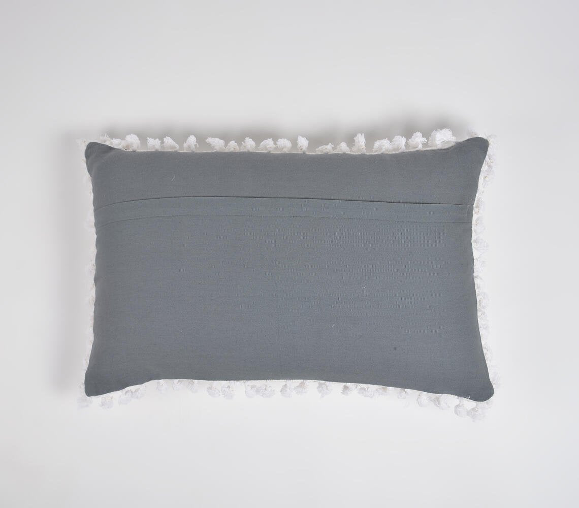 Embroidered Minimal Pillow Cover with Fringes, 14 x 20 inches