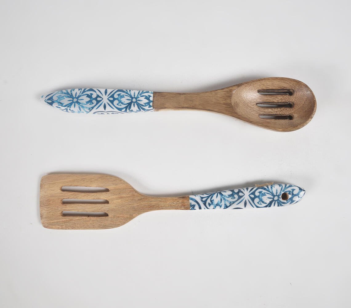 Indigo Meena print Light burnt Wooden Spatulas (set of 2)