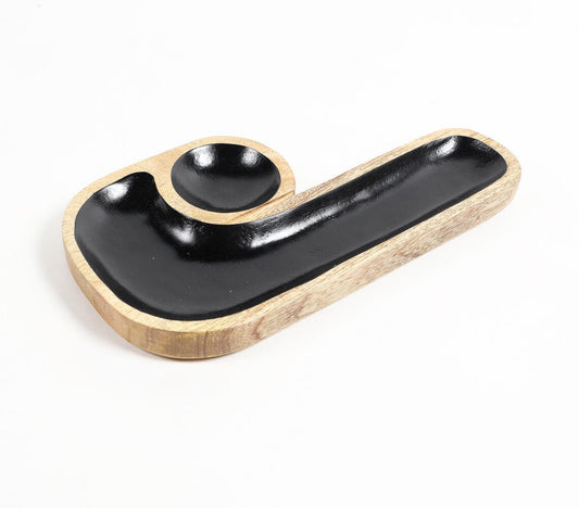 Hand Carved J-Shaped Black Wooden Serving Platter