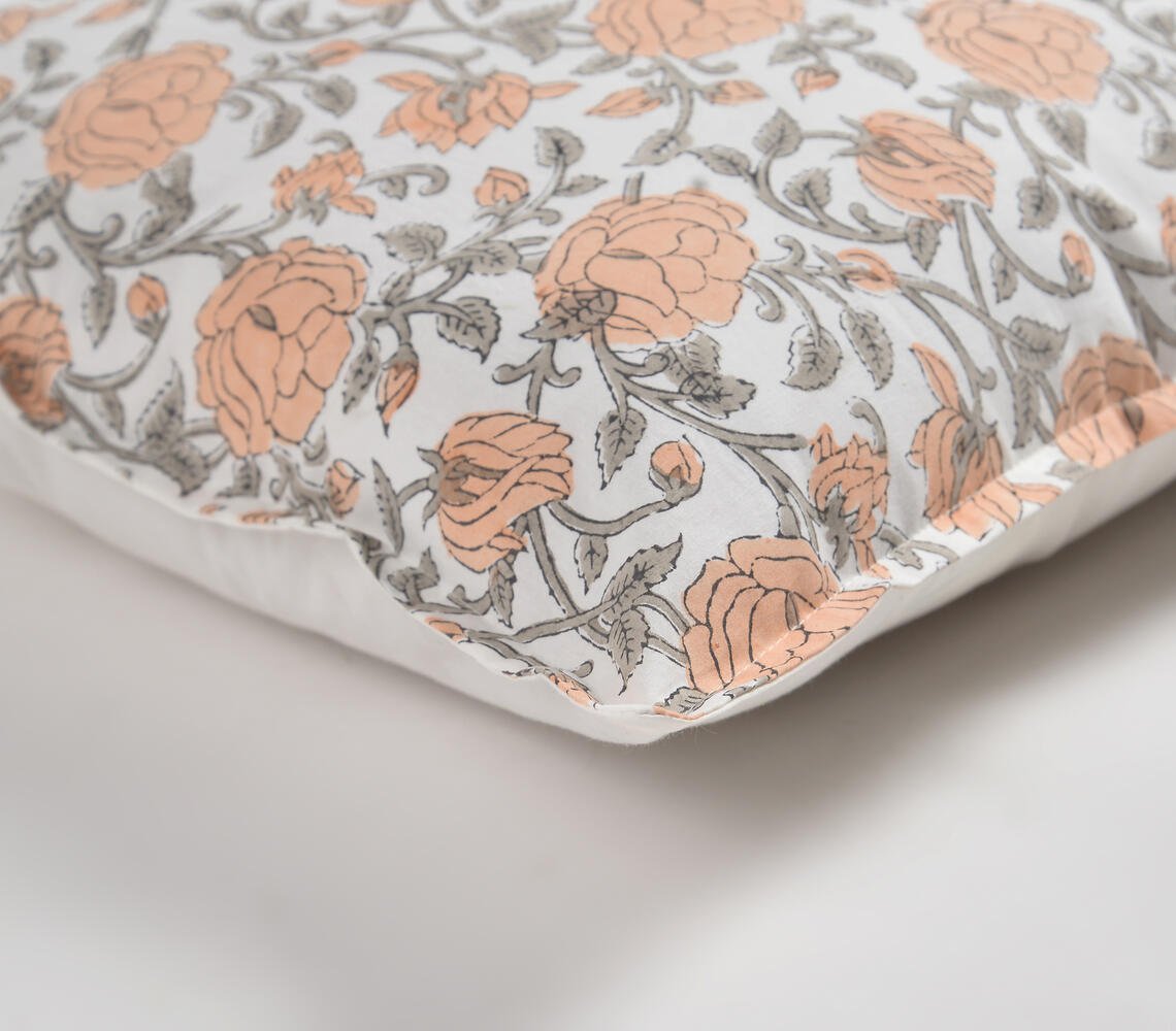 Peach Floral Block Printed Cushion Cover, 18 x 18 inches