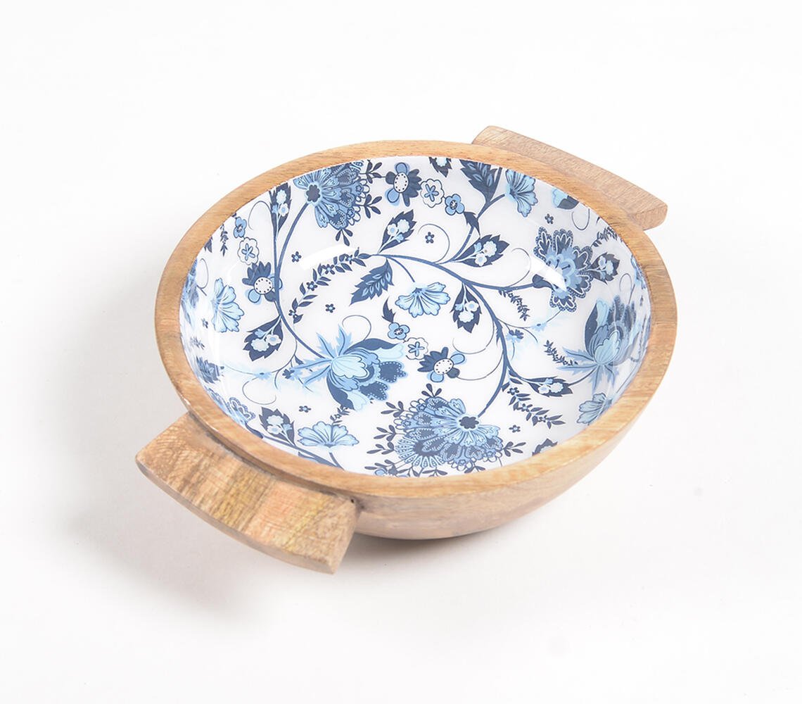 Enamelled Floral Turned Wooden Salad bowl & server