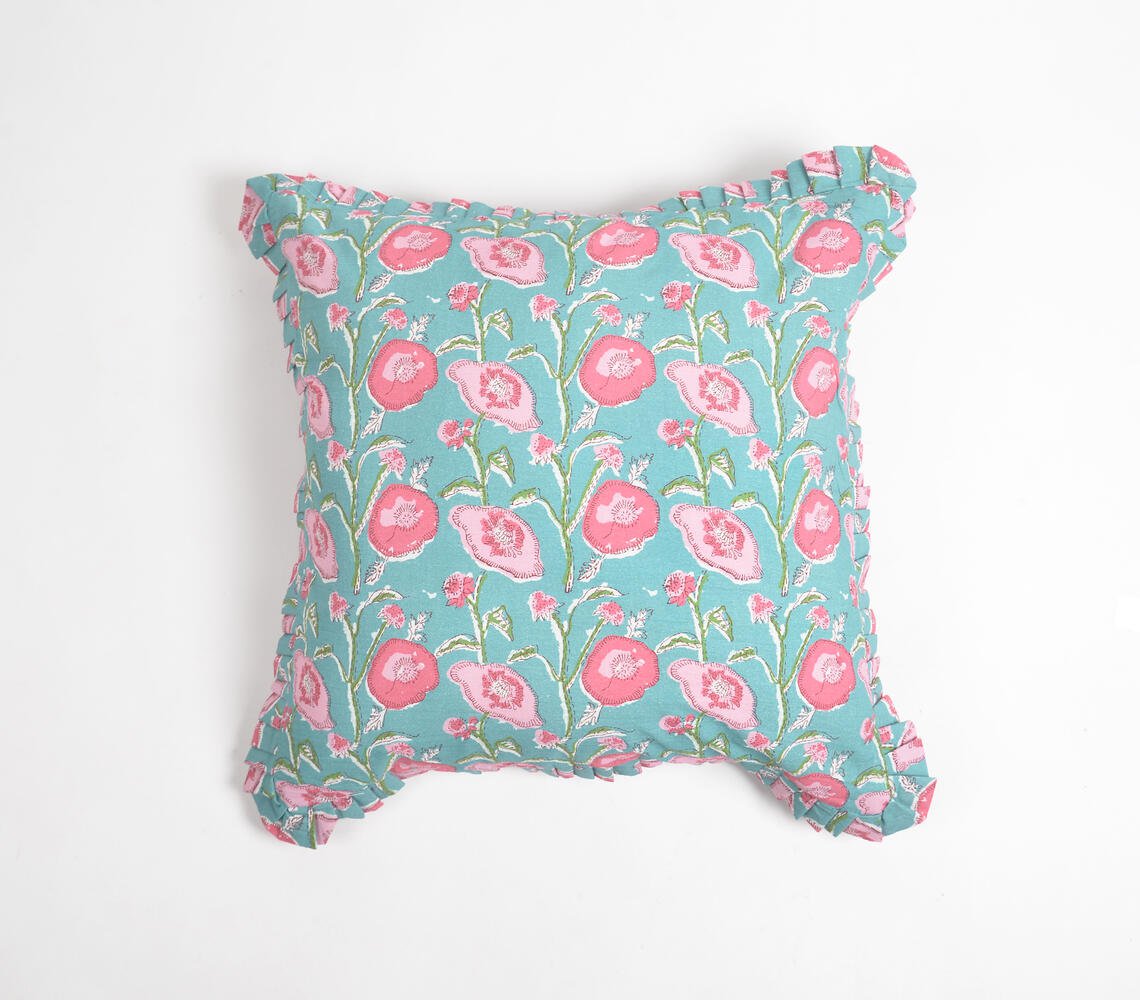 Floral Sea Blue Cotton Cushion Cover, 18 x 18 inches