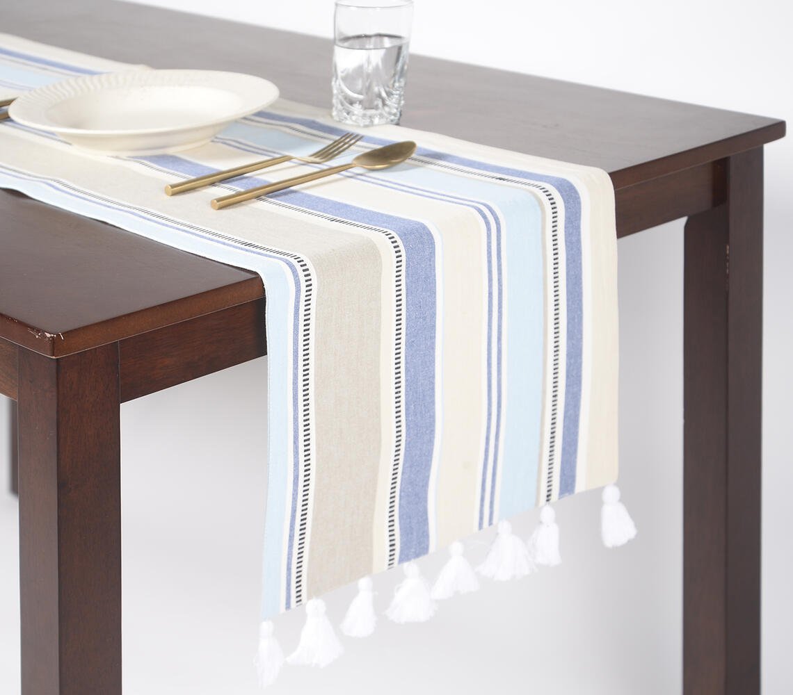 Ocean Striped & Tasseled Handloom Cotton Table Runner