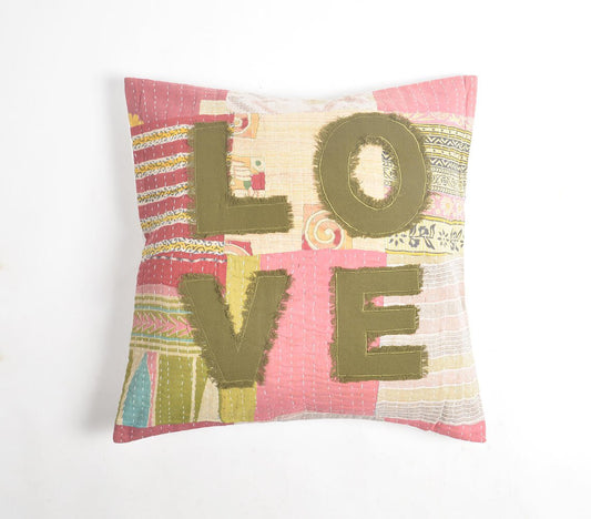 Love' patchwork Kantha geborduurde kussenhoes, 20 x 20 inch