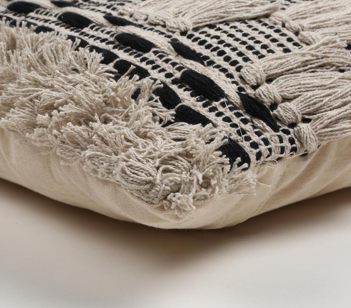 Monochrome cushion cover with tufts & fringes