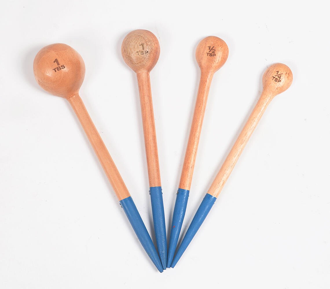 Hand Carved Neem Wood Blue Measuring Spoons (set of 4)