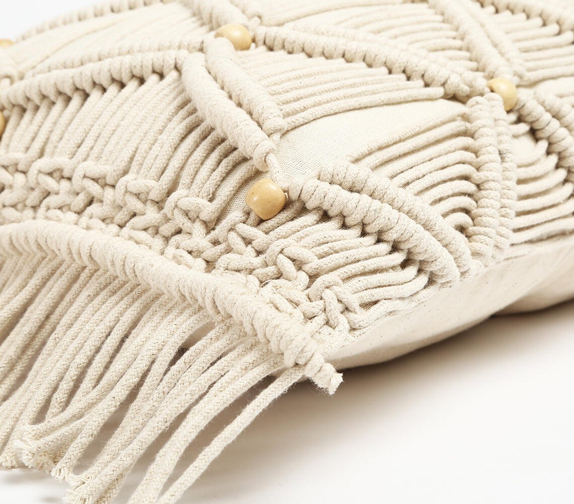 Macrame Fringed & Beaded Lumbar Cushion Cover