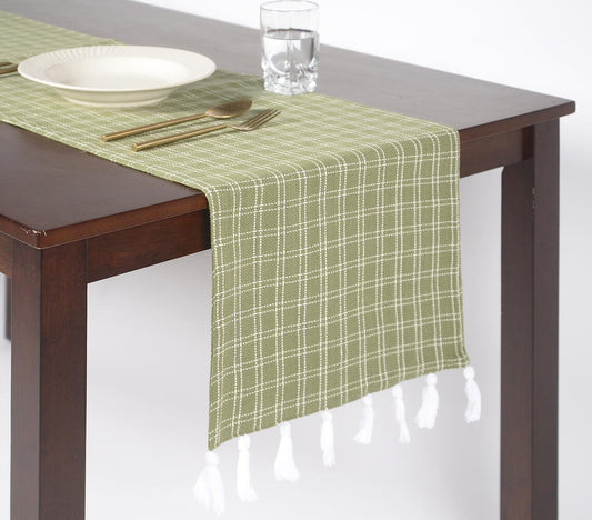 Checkered & Tasseled Olive Handloom Cotton Table Runner