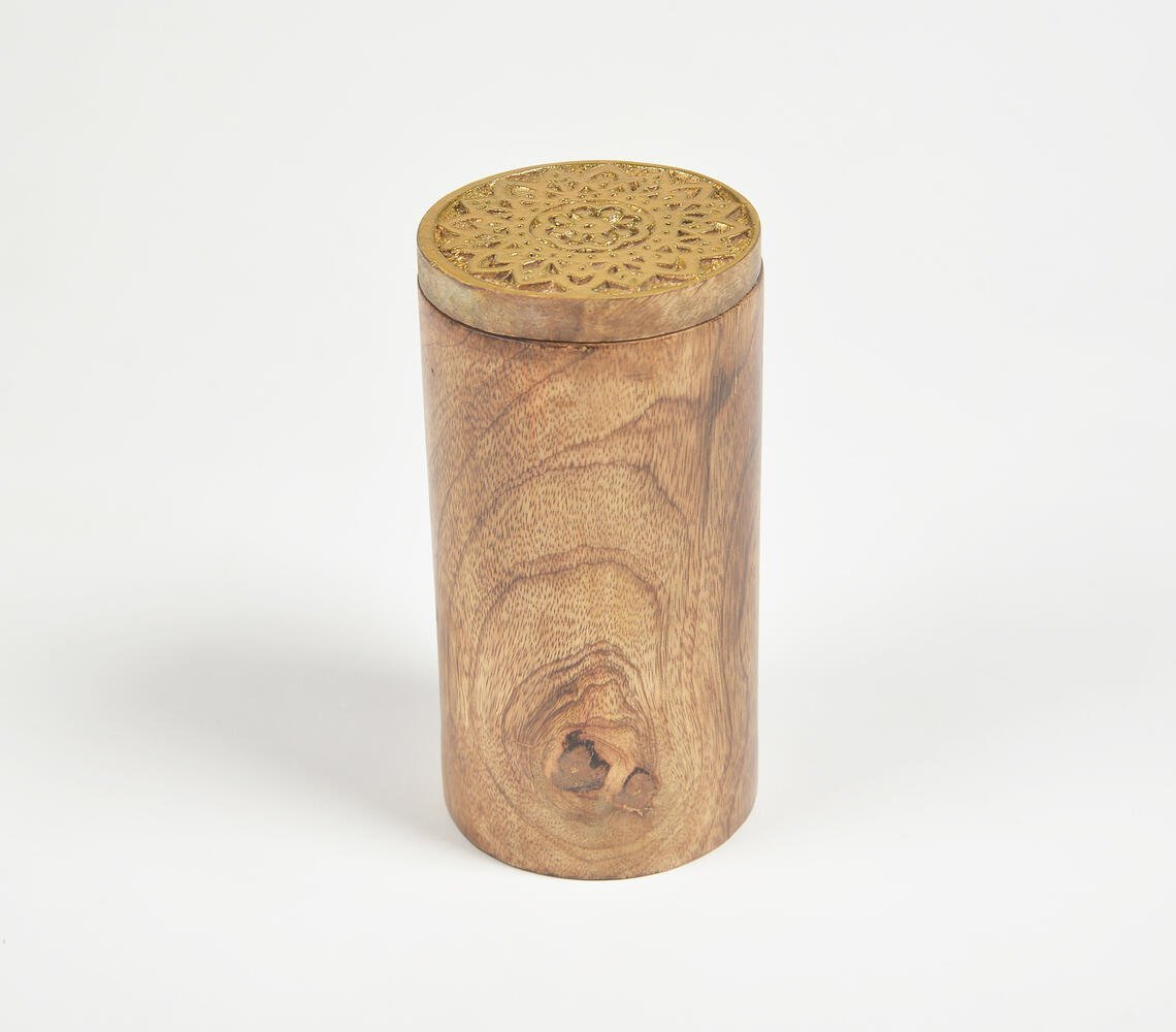 Wood Turned Cylindrical Storage Jar with Carved Lid