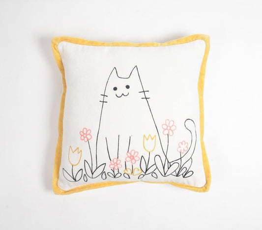 Embroidered Kitty Floral Doodle Cotton Cushion Cover