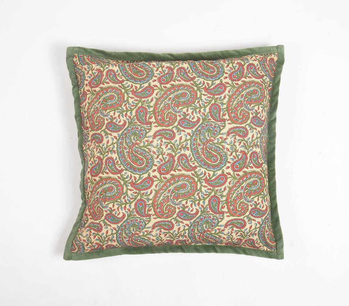 Paisley Printed Cotton Cushion Cover with Piped Border, 18 x 18 inches