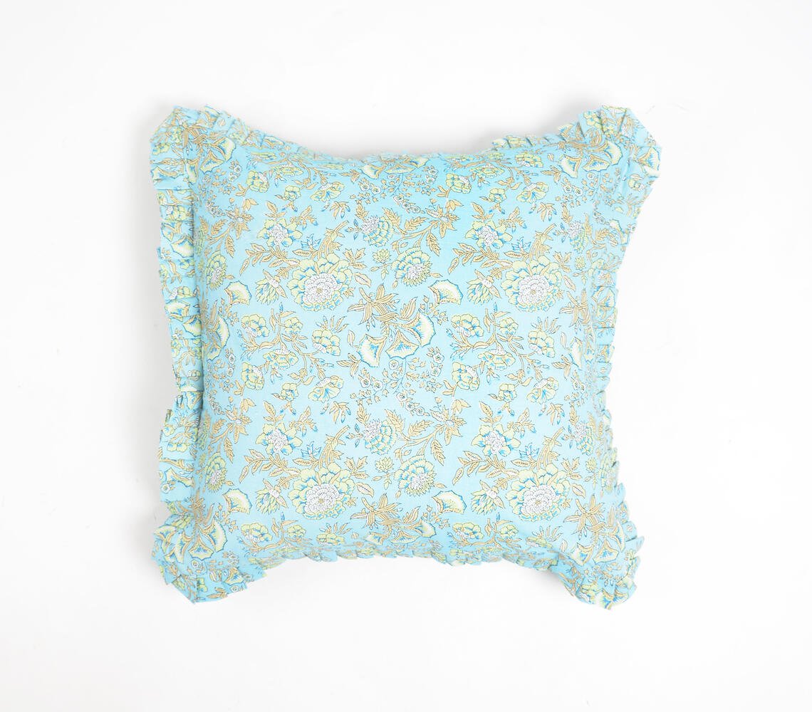 Floral Garden Blue Cotton Cushion Cover with Frilled Border, 18 x 18 inches