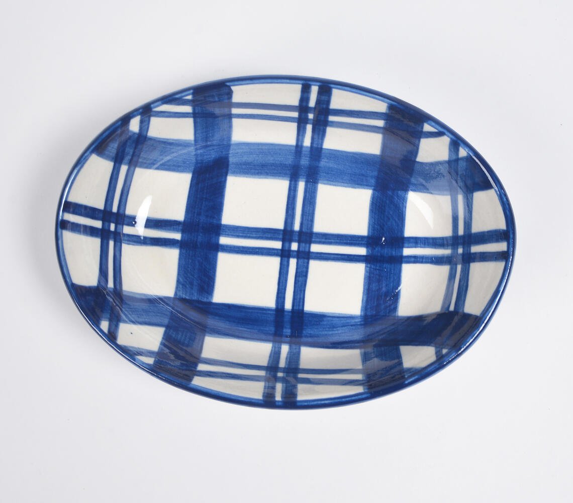 Indigo Plaid Ceramic Egg-Shaped Baking Dish