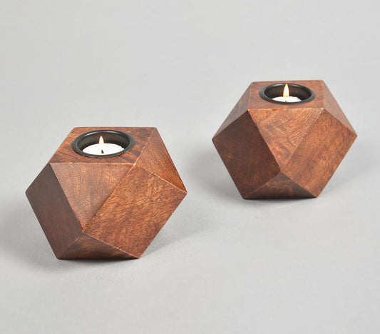 Geometric Hand Carved Rosewood Candle Holders (Set of 2)