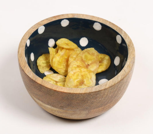 Enamelled Polka Dotted Navy Blue Wooden Bowl