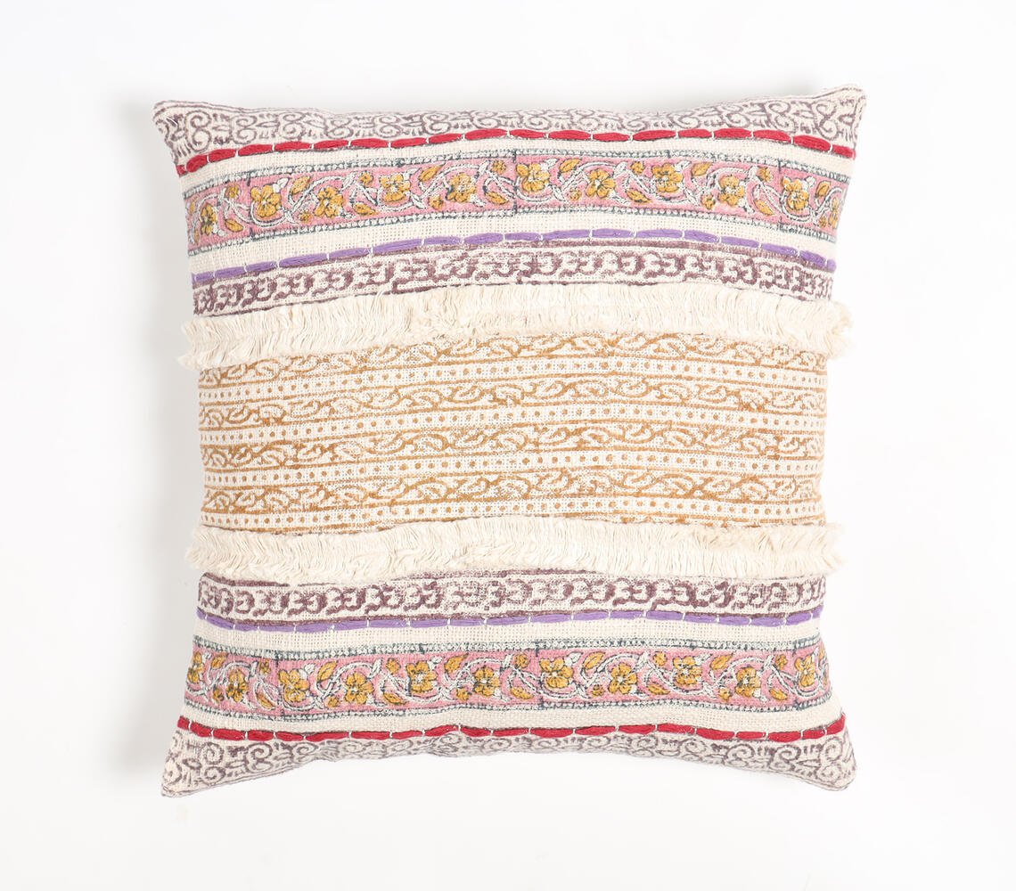 Block Printed Cotton Striped-Motifs Cushion Cover, 18 x 18 inches