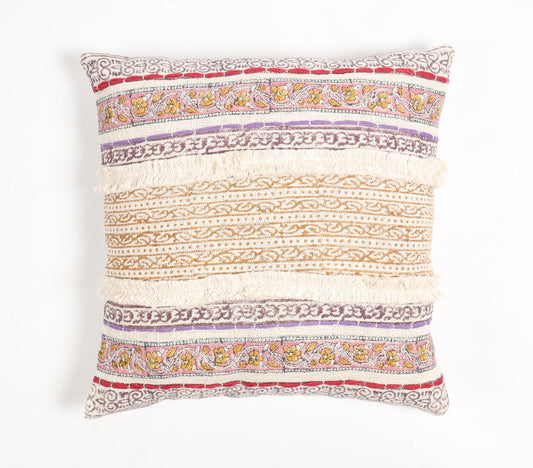 Block Printed Cotton Striped-Motifs Cushion Cover, 18 x 18 inches