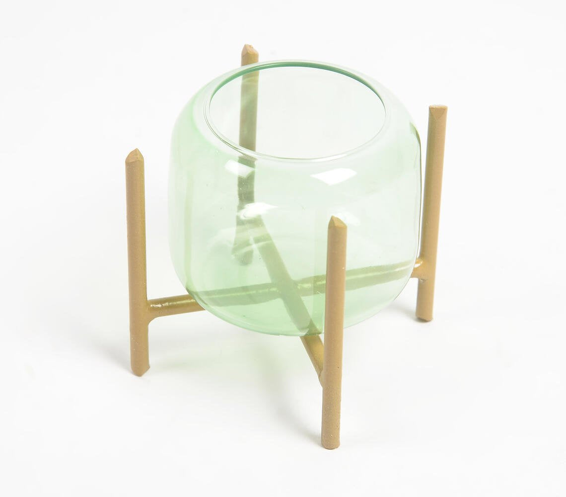 Emerald Green Glass Candle Holder with Metal Stand