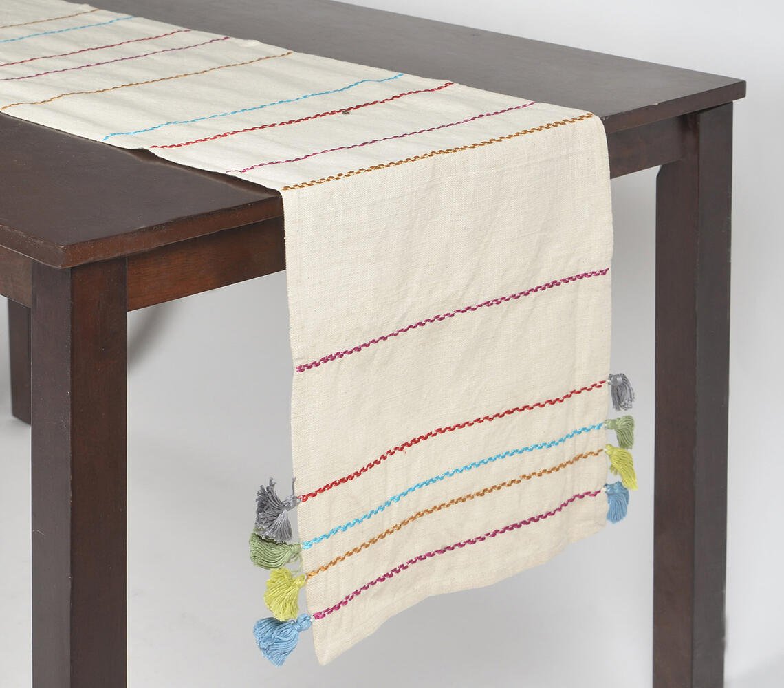 Minimal Cotton Table Runner with Threadwork & Tassels