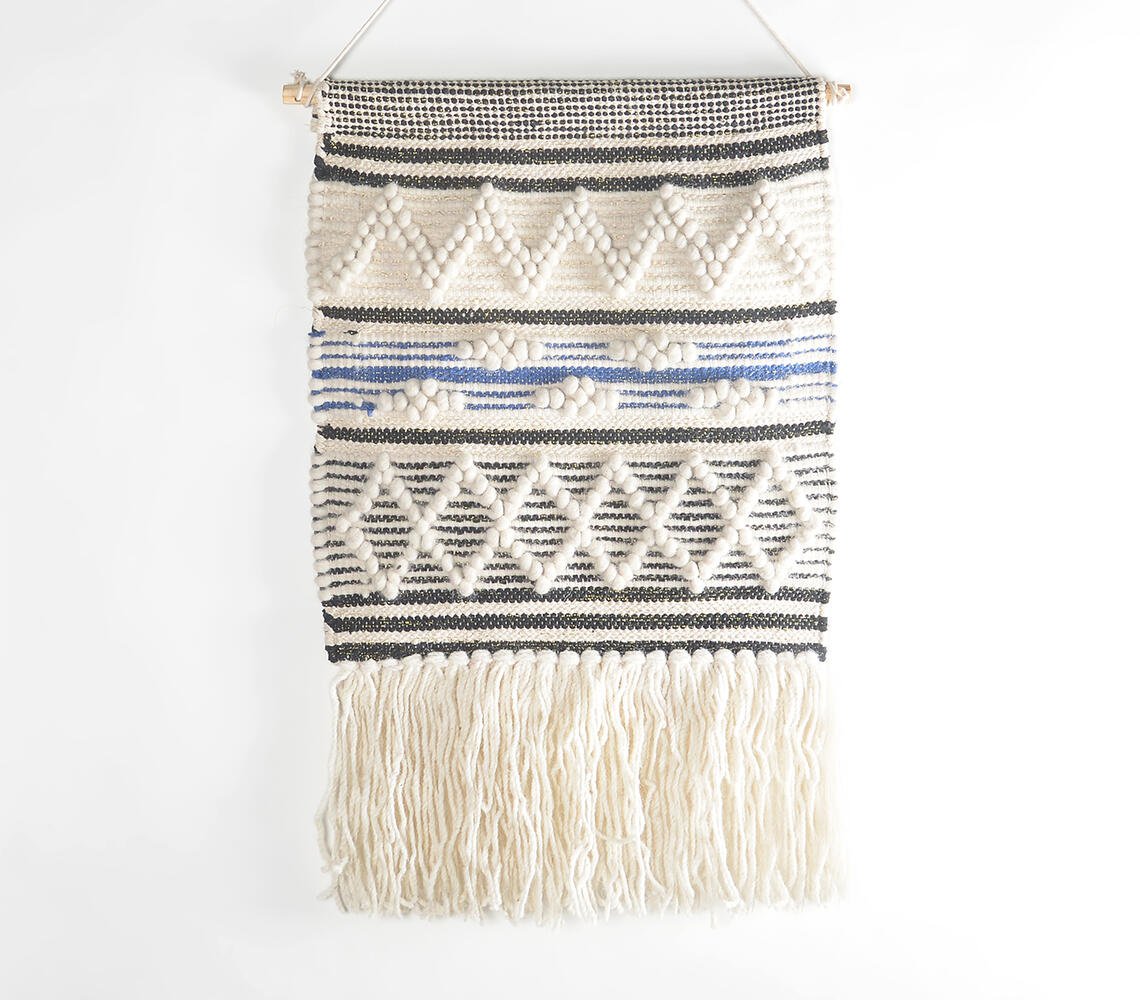 Geometric Fringed Handwoven Cotton & Wool Wall Hanging