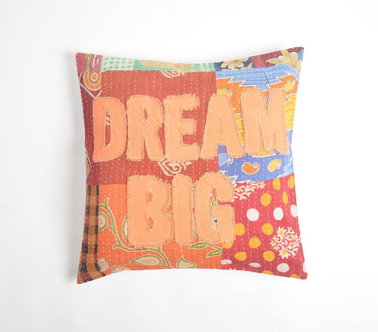 Dream Big' patchwork Kantha geborduurde kussenhoes, 20 x 20 inch