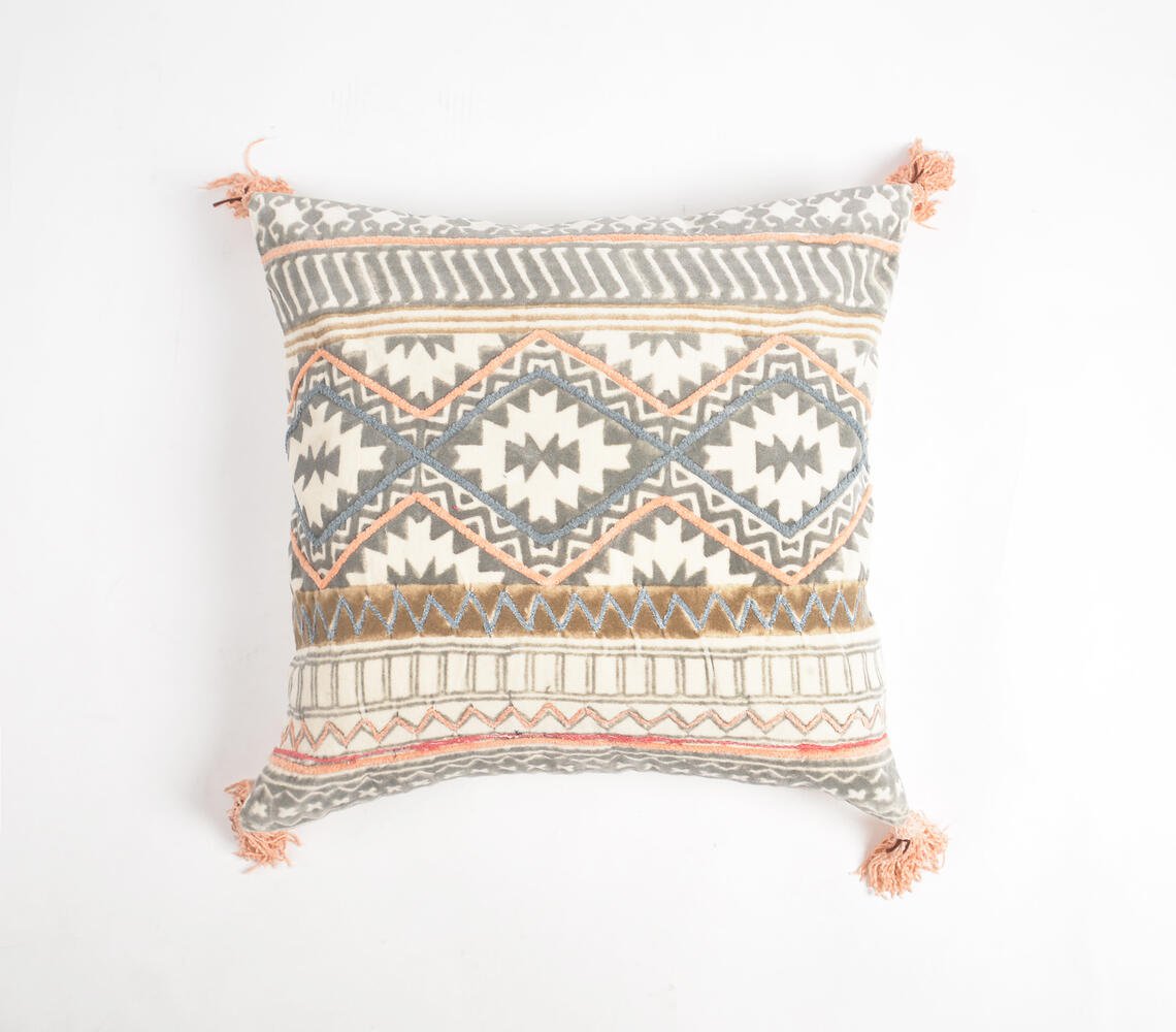 Block Printed & Embroidered Cotton Tasseled Cushion Cover