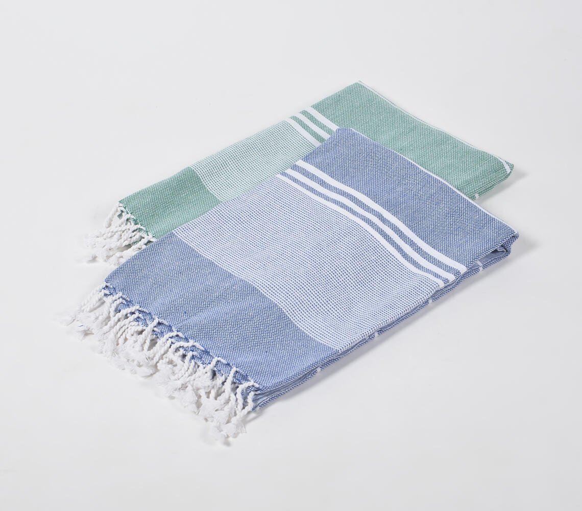 Handwoven Cotton striped Sage & BlueBath Towels (Set Of 2)