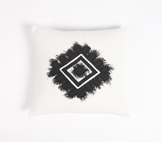 Embroidered & Fringed Cotton Cushion cover, 16 x 16 inches