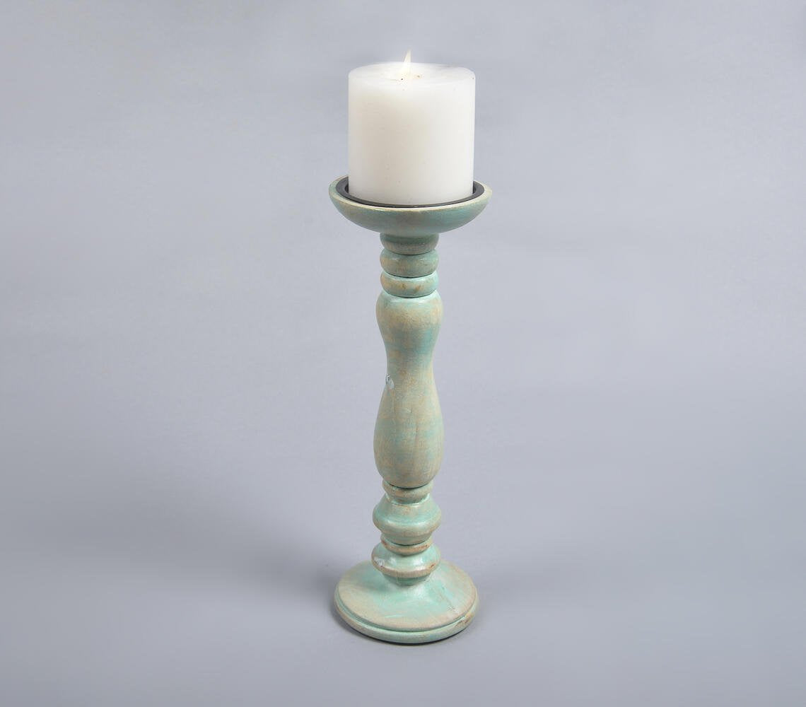 Distressed Mint Turned Wooden Candle Holder