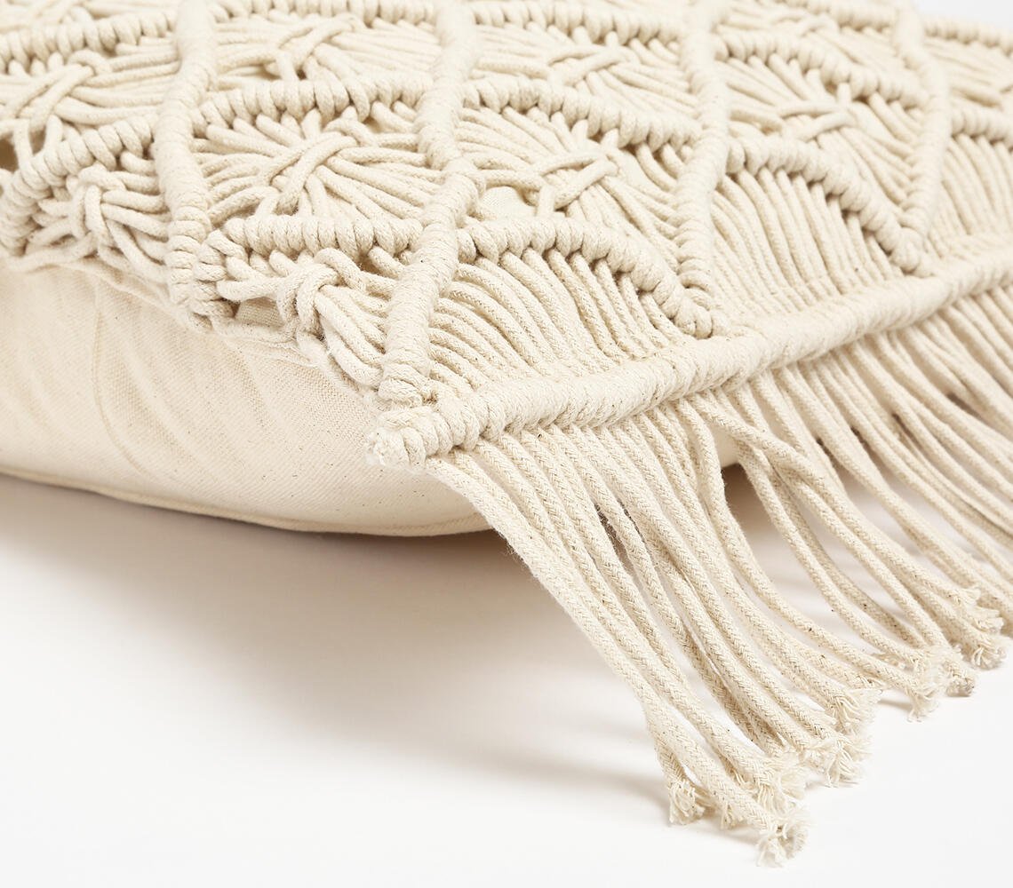 Macrame omzoomde katoenen kussenhoes