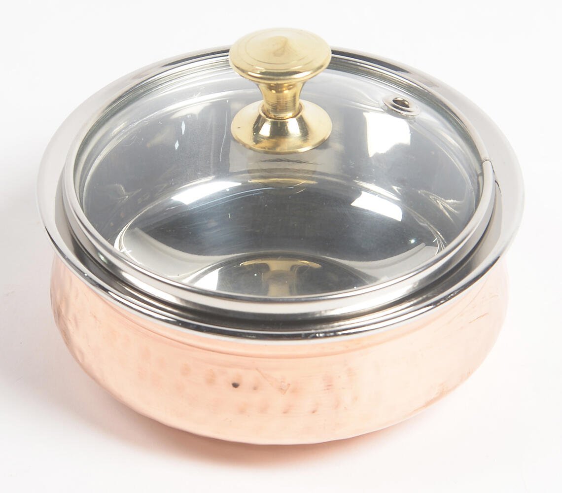 Hammered Copper & Steel rice Serving bowl with glass lid (large)