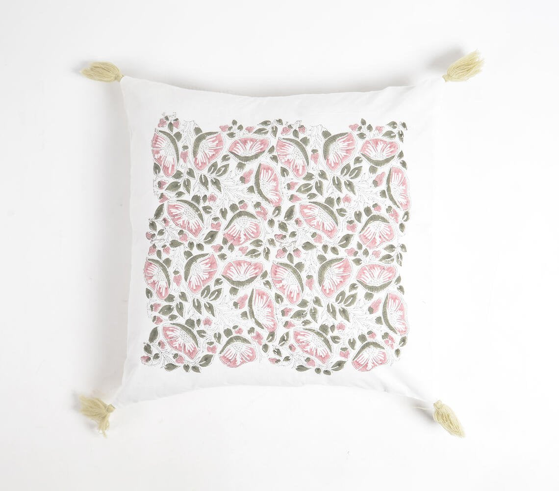 Pastel Floral Block Printed Tasseled Cushion Cover, 18 x 18 inches