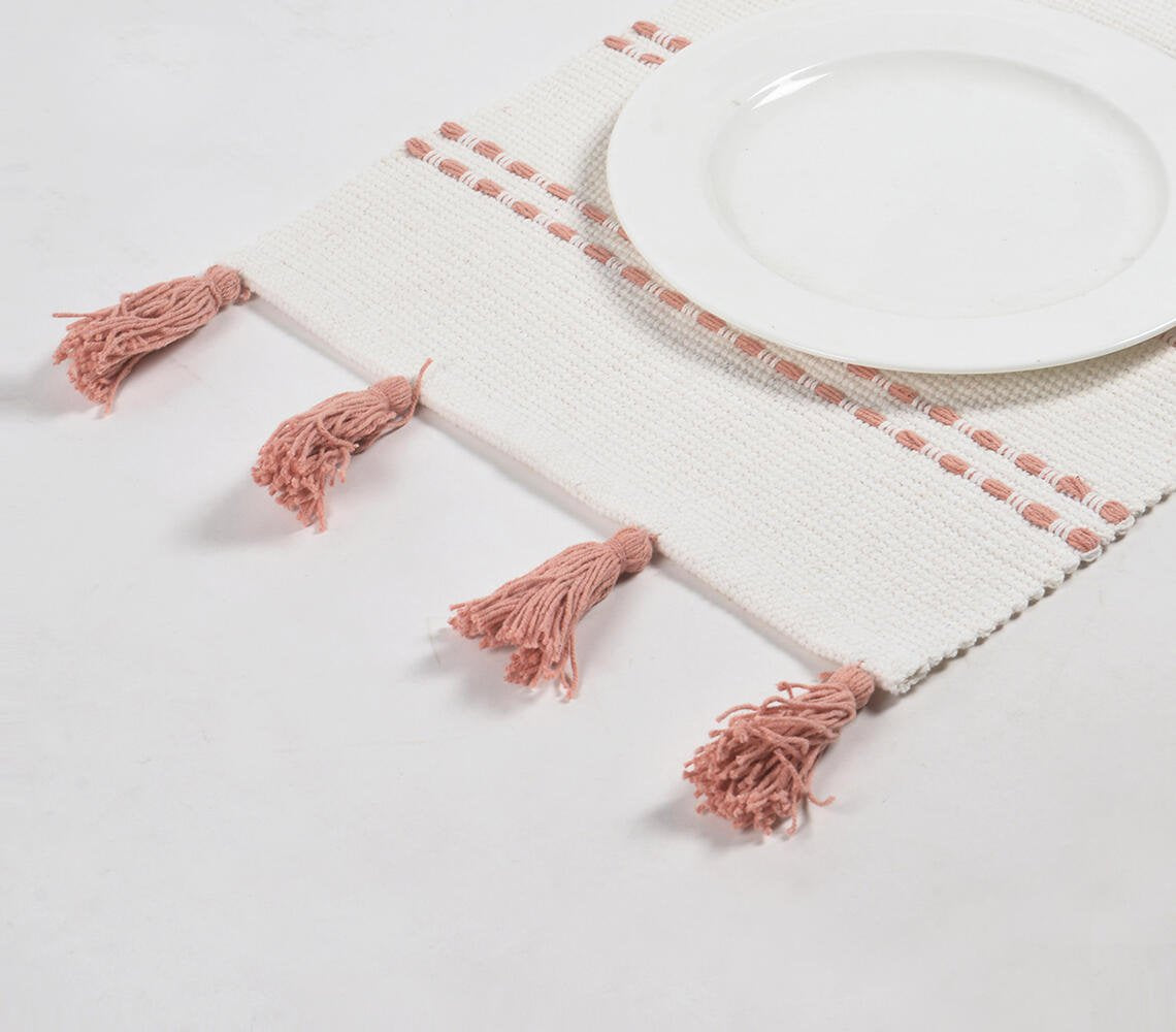 Handwoven Cotton Minimal Peach Tasseled Placemats (Set of 4)