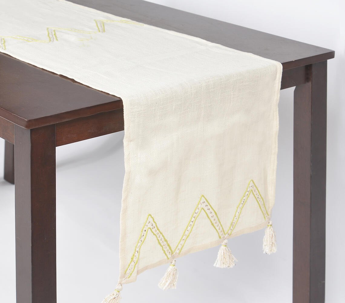 Tassels & Triangles White Cotton Runner