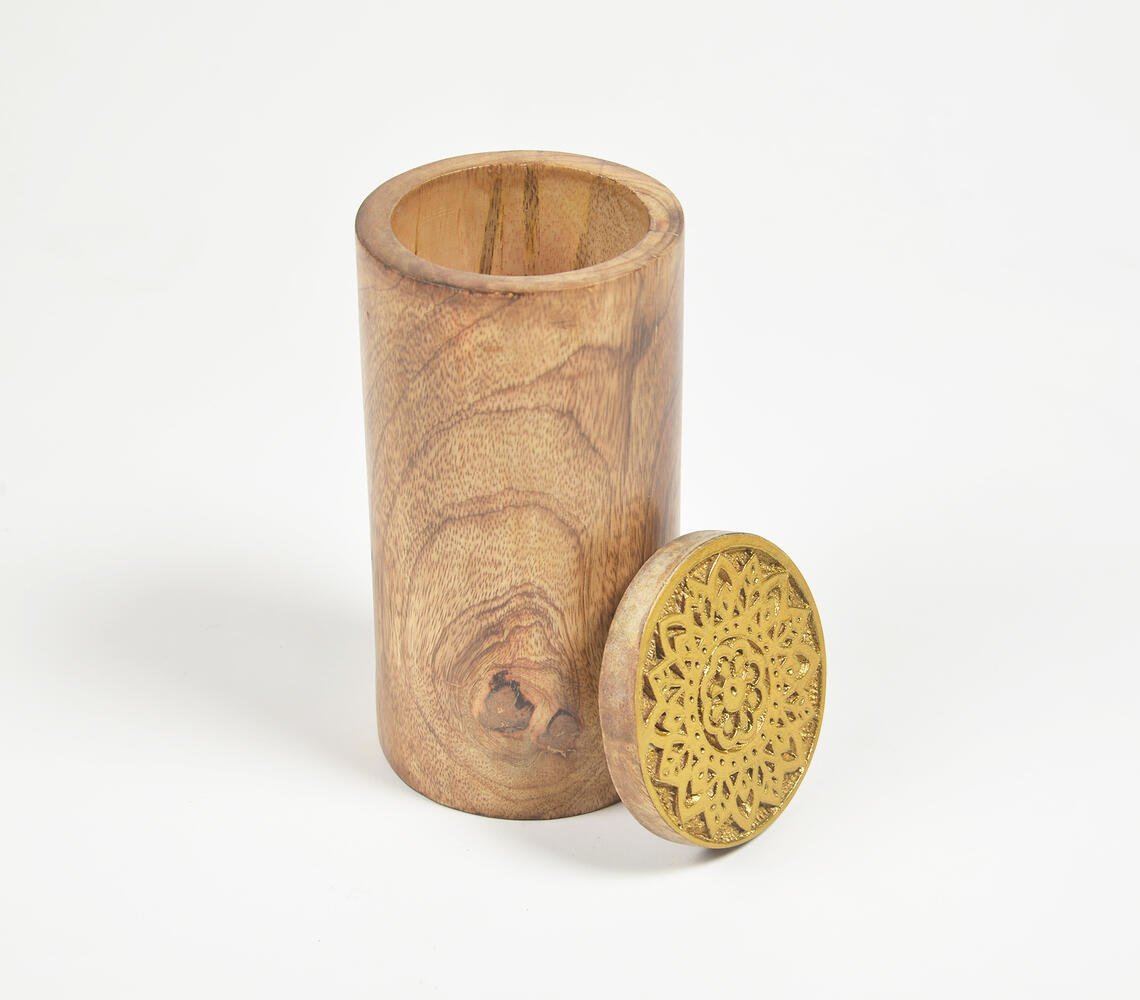 Wood Turned Cylindrical Storage Jar with Carved Lid