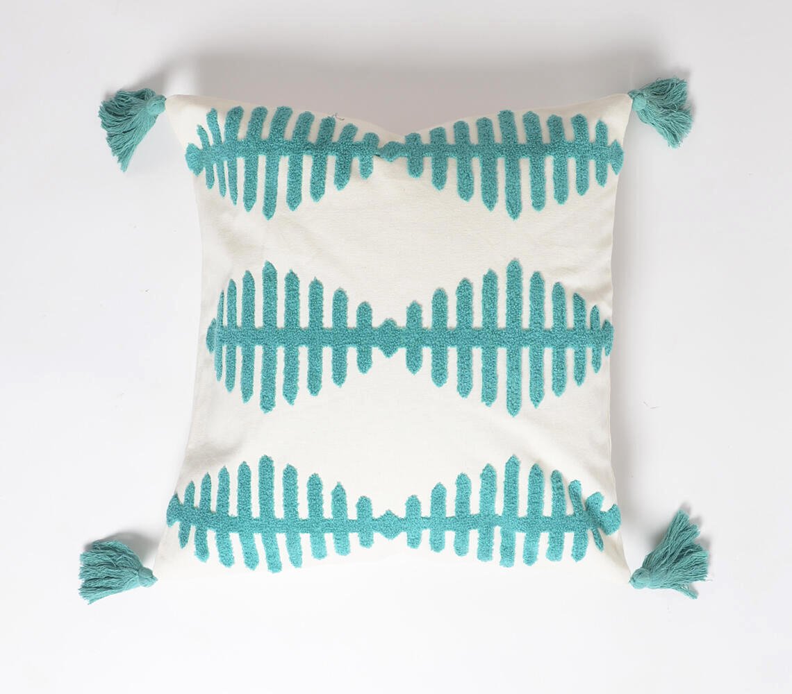 Embroidered Teal Tasseled Cushion Cover