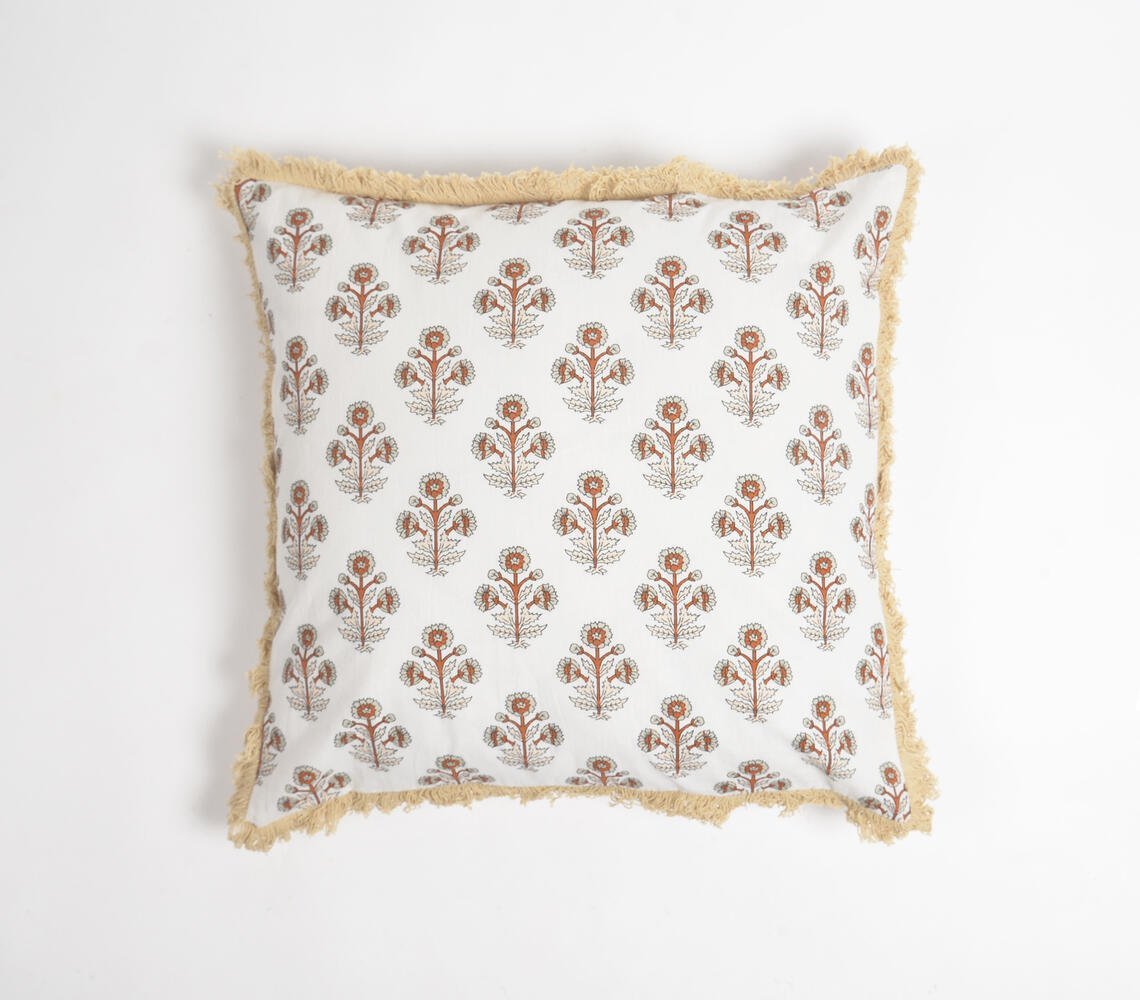 Block Printed Floral Cotton Fringed Cushion Cover, 18 x 18 inches