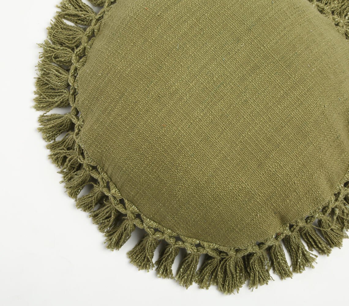 Olive Tasseled Round Cushion Cover