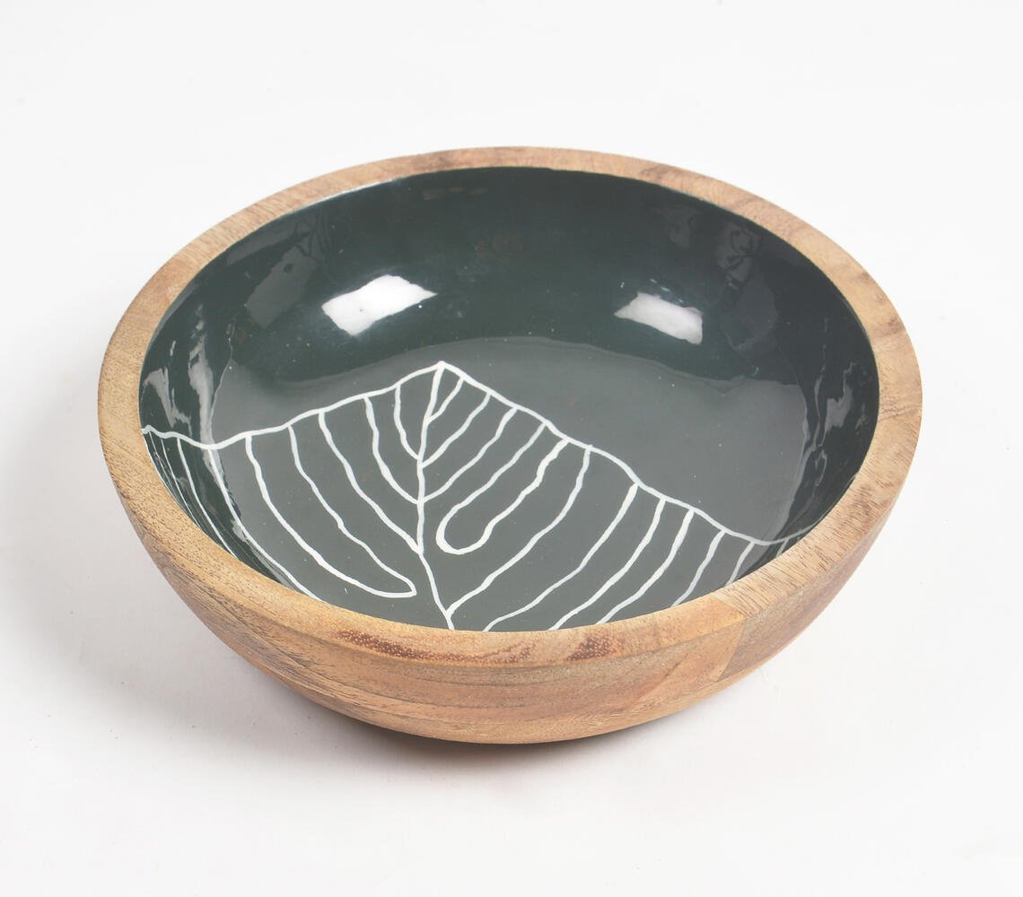 Forest Leaf Enameled & Turned Mango Wood Serving Bowl