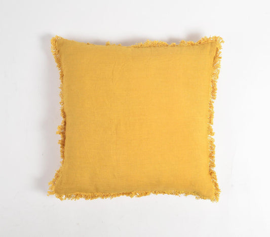 Solid Amber Cotton Linen Cushion Cover with Frayed Border, 18 x 18 inches