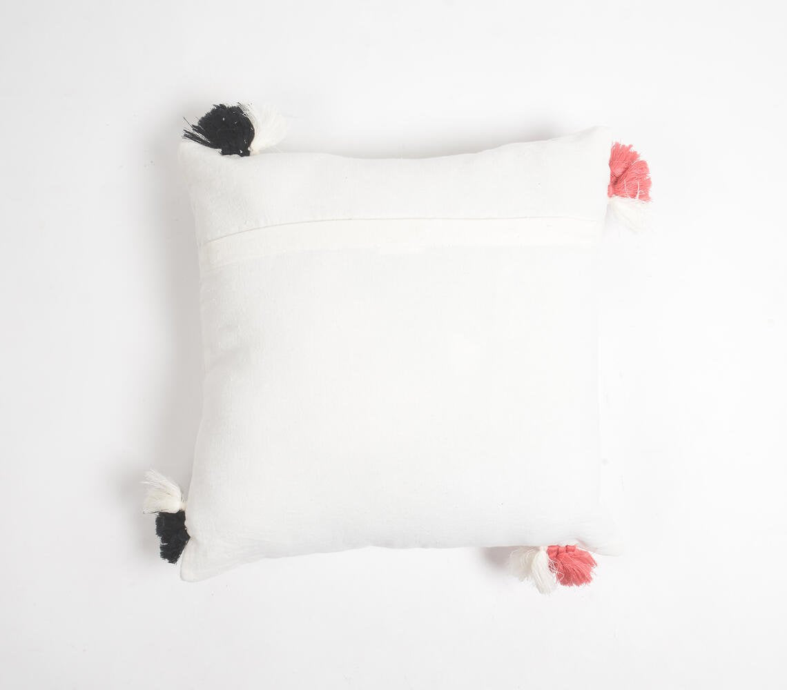 Embroidered Kitty Tasseled Cotton Cushion Cover