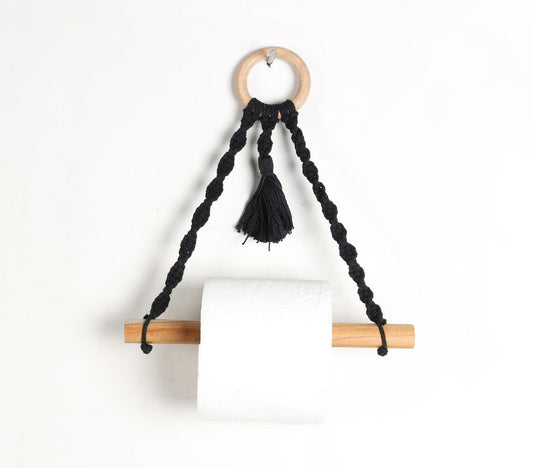 Cotton macrame & wood hanging roll holder