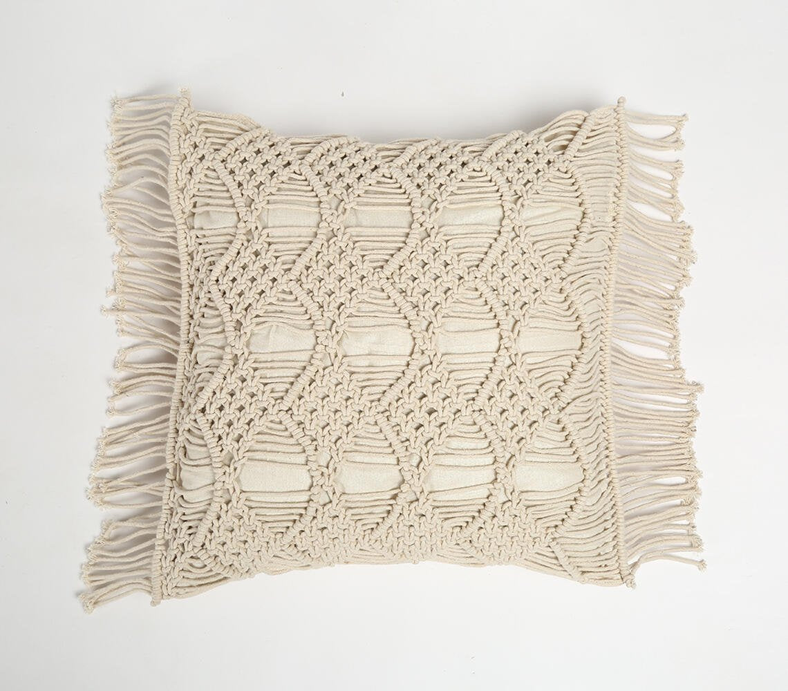 Macrame omzoomde katoenen kussenhoes