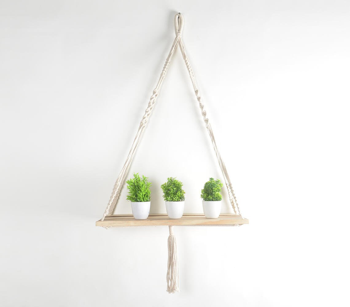 Boho Macrame & Wooden Hanging Wall Shelf