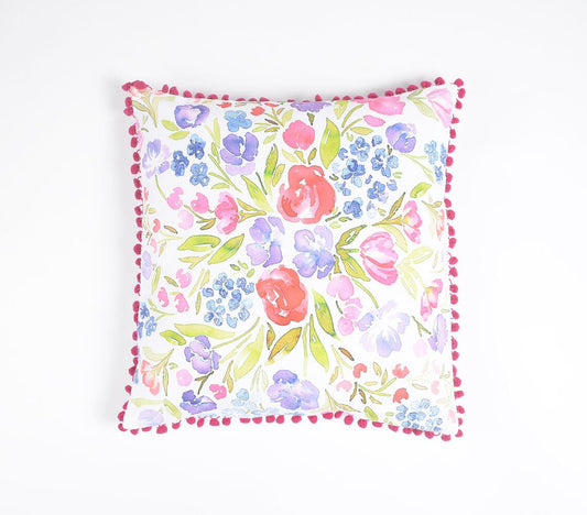 Floral Watercolor Cotton Pom-pom-Lined Cushion Cover