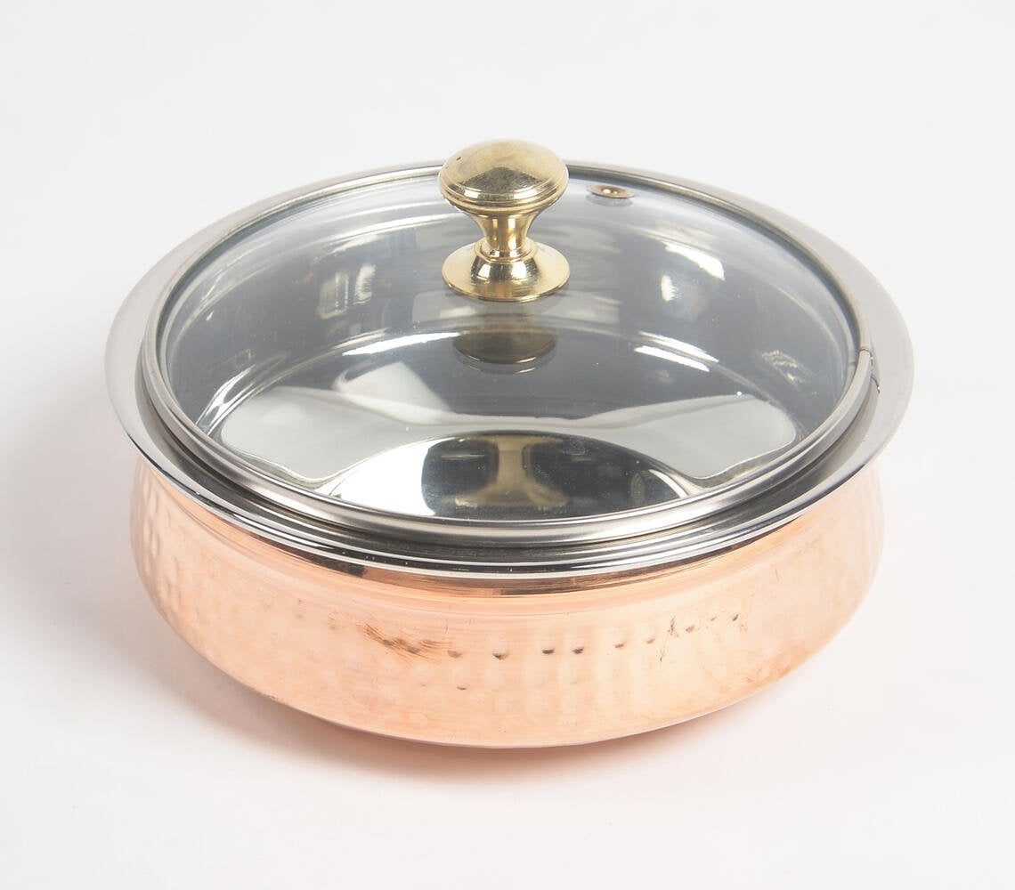 Hammered Copper & Steel Rice Serving bowl with glass lid (small)