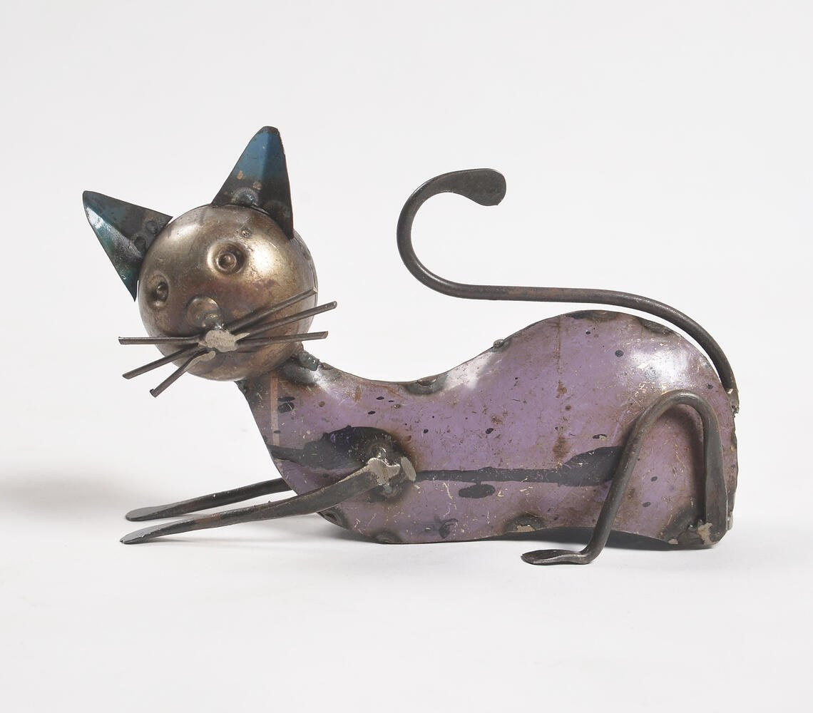 Hand Beaten Recycled Iron Sitting Cat Figurine