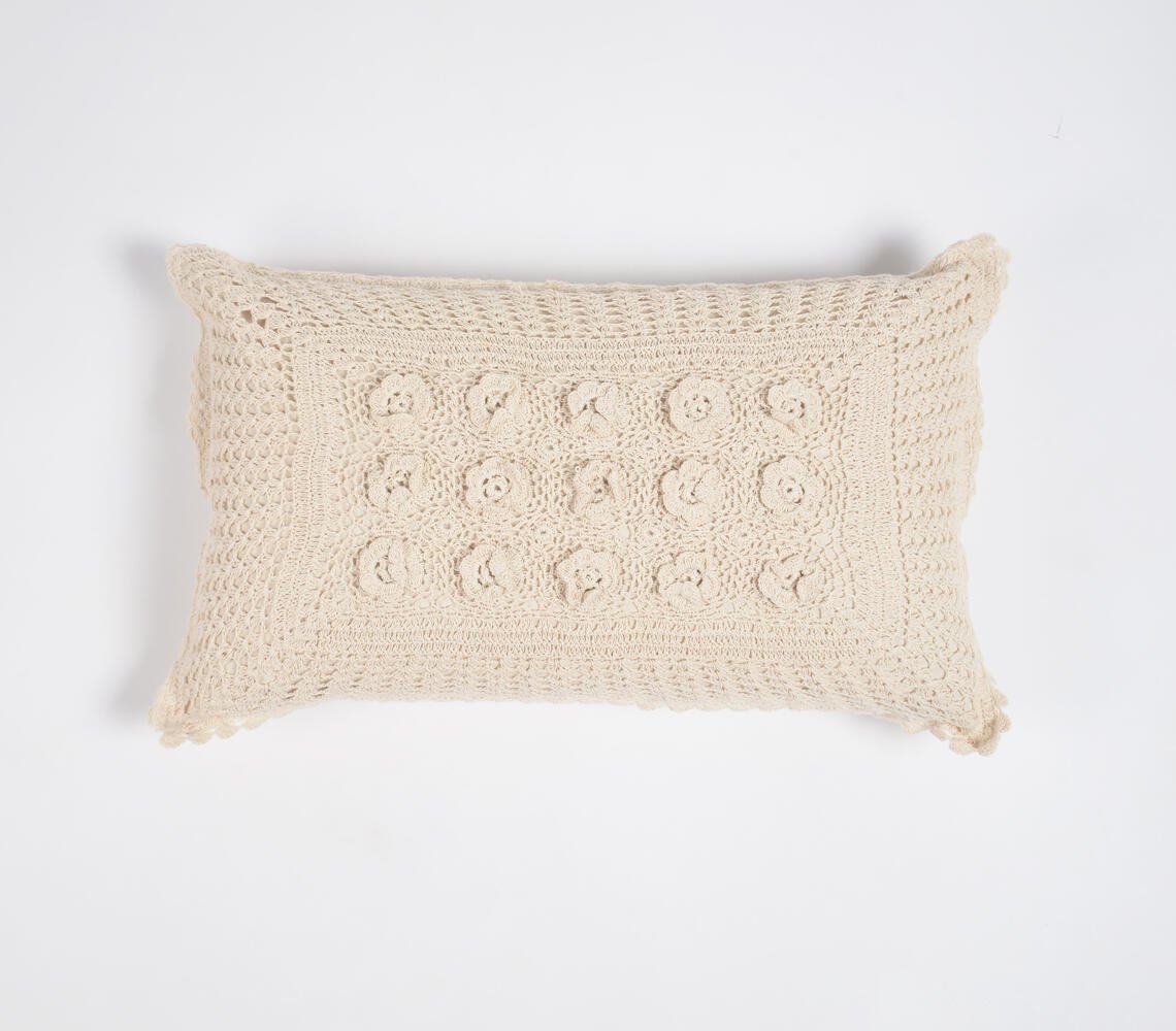 Crochet Cotton Lumbar Cushion Cover with Floral Applique, 20 x 12 inches