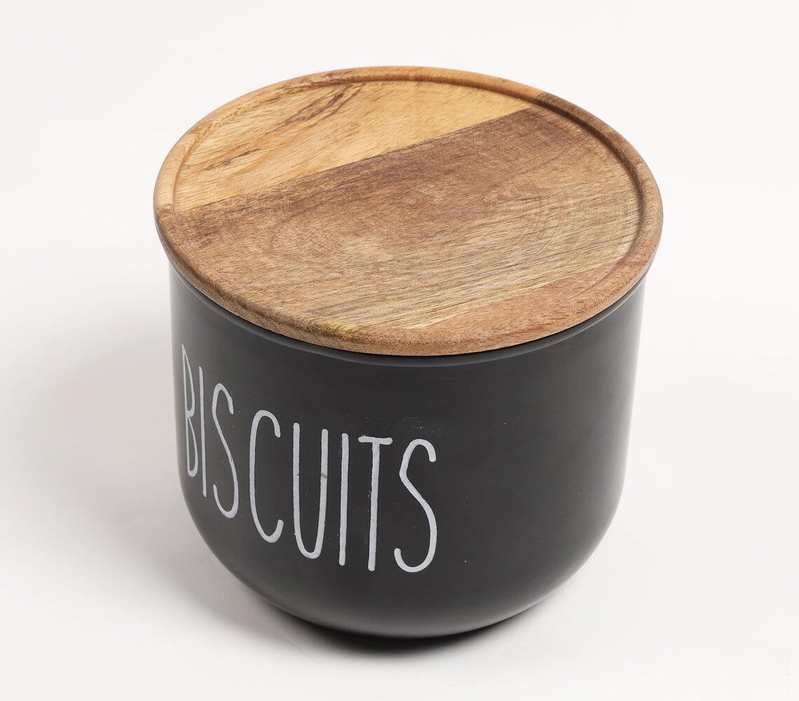 Matte-Black Typographic Metal Canister with Wooden Lid